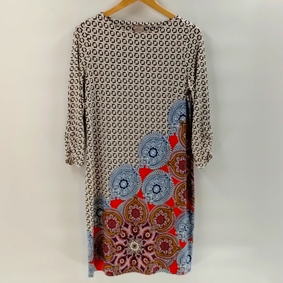 Chico's Printed Ruched Sleeve Dress size 0 medallion print size small stretch - Picture 1 of 9